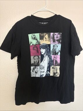 Taylor Swift Black Tee with Teal Pink Purple Yellow Graphic Grid